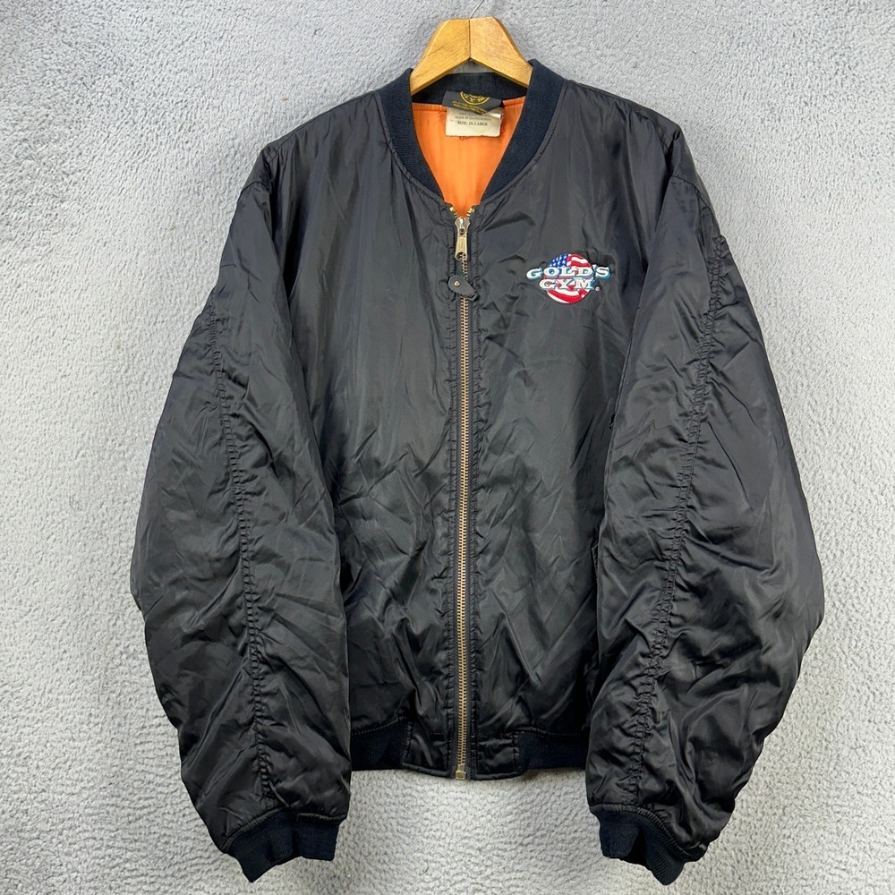 Golds Gym Nylon Jacket Bomber Men 2XL Black Graphic Long Sleeve Full Zip Outdoor